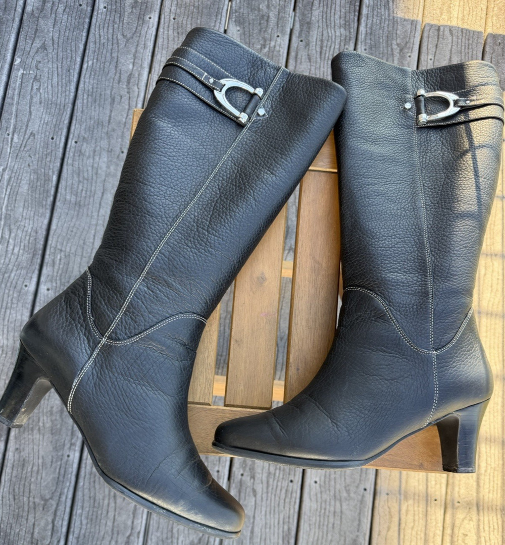 Ros Hommerson Black Pebble Leather Knee boots contrast white stitch Heel 10.5 M